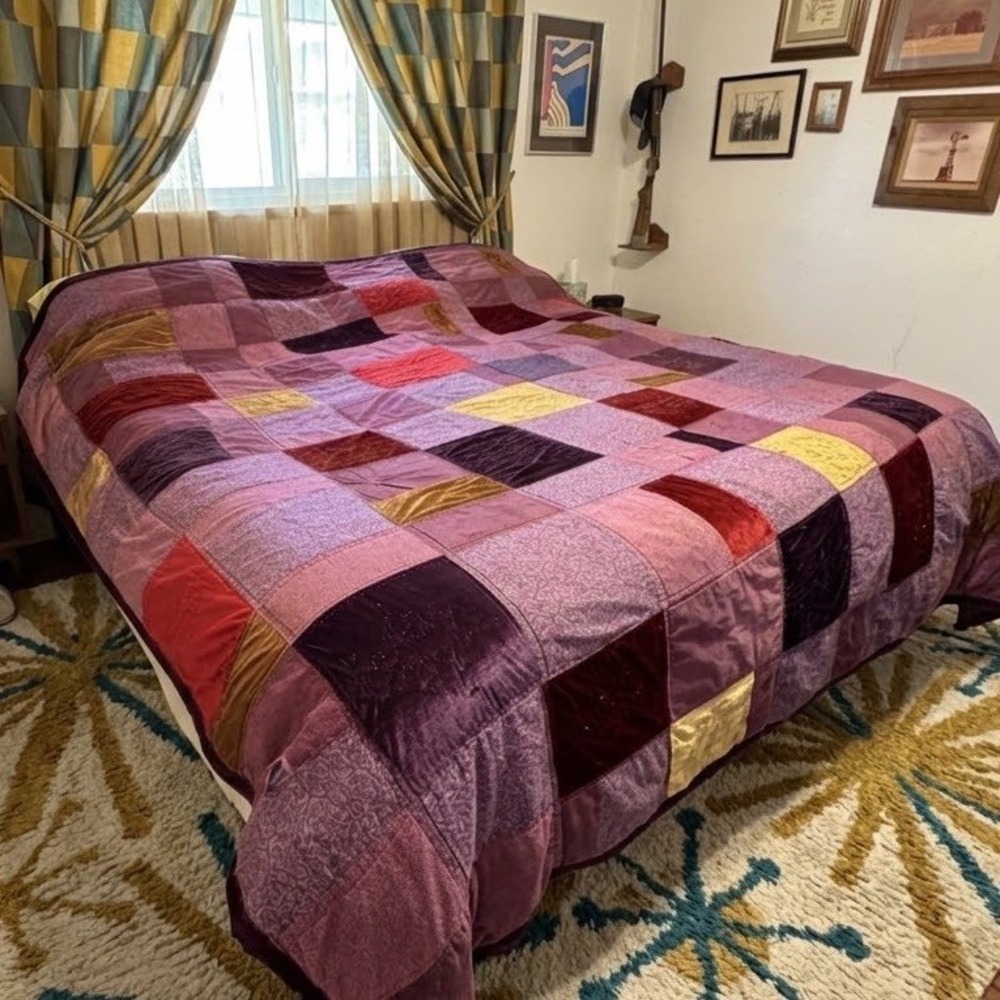 Whimsical Patchwork Velvet Quilt King Size Purple Burgundy Witchy Boho Bedspread